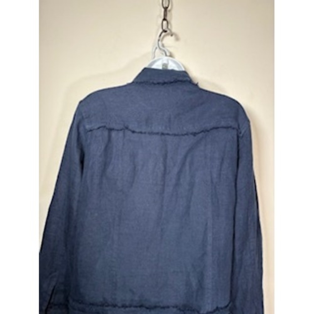 CROWN LINEN DESIGNS Jacket S Navy Blue Fringed Raw Hem Linen Shacket Coastal - Picture 5 of 7